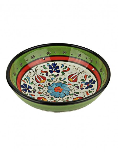 Turkish green bowl, tulips and blue flowers, 6.25 in