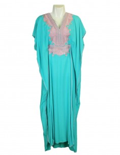 Women's turquoise djellaba with pink embroidery