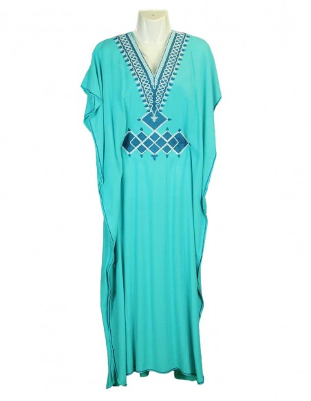 Women's turquoise djellaba with blue geometric embroidery