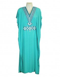 Women's turquoise djellaba with white and blue embroidery