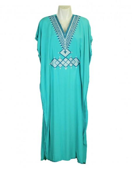Djellaba pour femme turquoise à broderie blanche et bleue