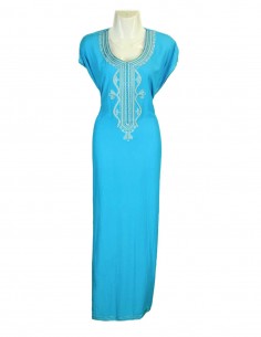 Djellaba pour femme bleu ciel à broderie argentée, col rond