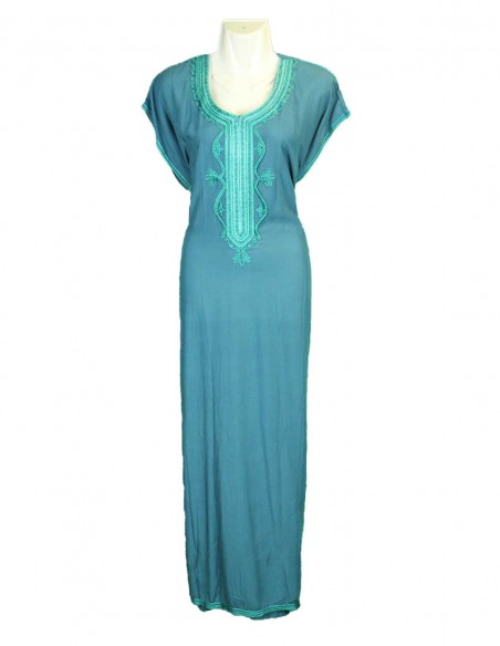 Djellaba pour femme bleu-gris à broderie ton sur ton, col rond