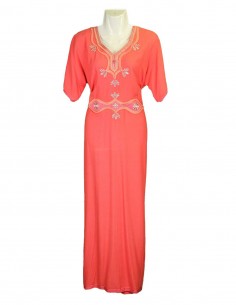 Djellaba pour femme corail à broderie dorée en V