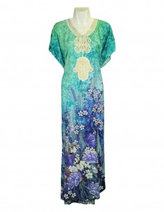Women's djellaba with blue and green floral print