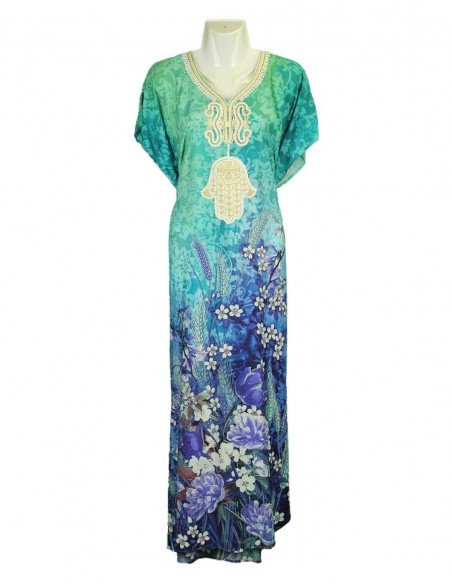 Women's djellaba with blue and green floral print