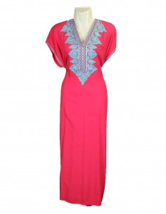 Women's raspberry djellaba with sky-blue embroidery