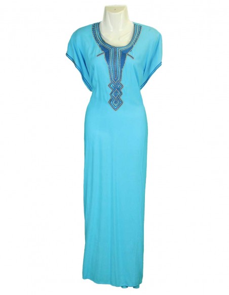 Djellaba pour femme bleu ciel à broderie bleu marine, col rond