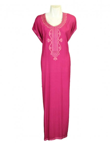 Women's fuchsia djellaba with pink embroidery, round neck