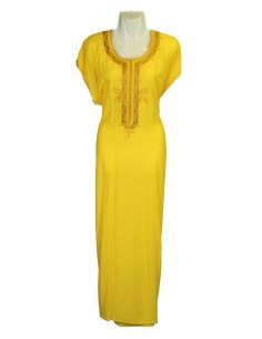 Djellaba pour femme jaune à broderie dorée, col rond