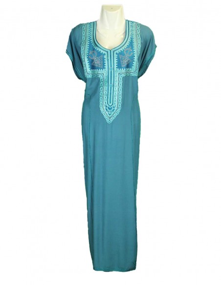 Djellaba pour femme bleu pétrole à broderie bleu clair, col rond