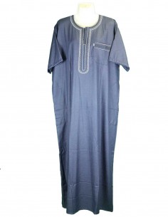 Djellaba pour homme bleu-gris à manches courtes, galon blanc