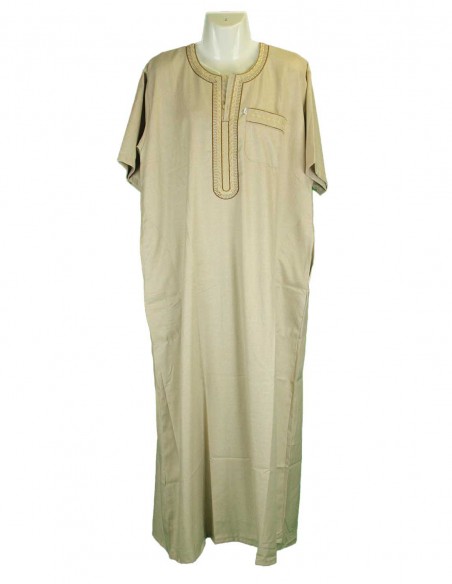 Men's beige djellaba, short sleeves with tone-on-tone trim