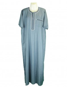 Men's bluish grey djellaba with white trim and pocket