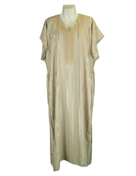 Men's taupe djellaba with satin stripes and embroidery