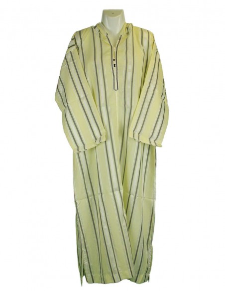 Men's cream djellaba with grey stripes, long sleeves