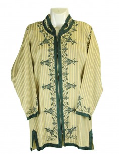 Moroccan tunic, beige striped with green embroidery