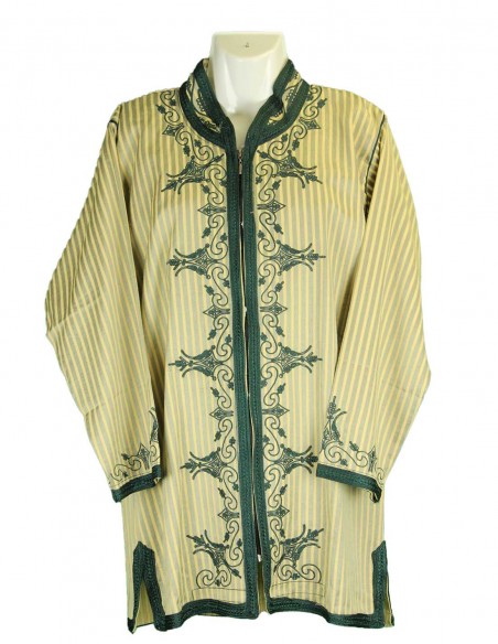 Moroccan tunic, beige striped with green embroidery