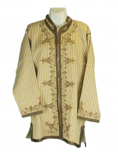 Moroccan tunic, beige striped with brown embroidery