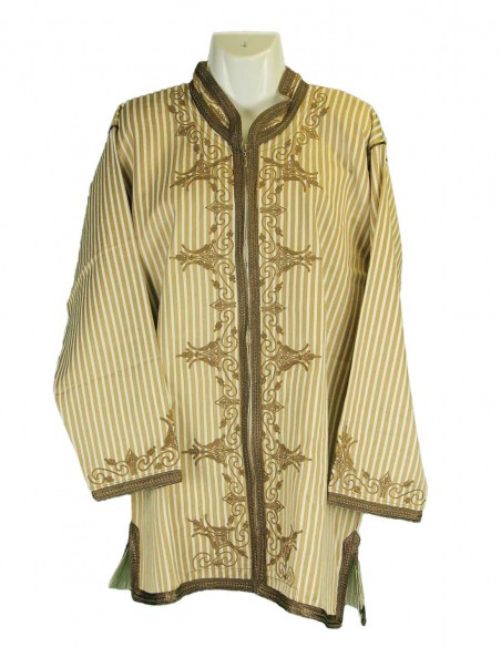 Moroccan tunic, beige striped with brown embroidery
