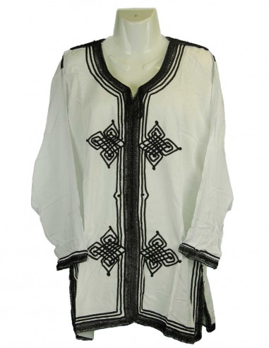 Moroccan tunic, white with black embroidery