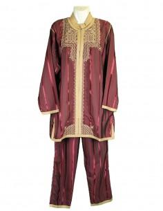 Moroccan jabador, burgundy striped with gold embroidery