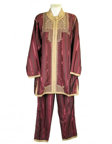 Jabador marocain bordeaux rayé à broderie dorée