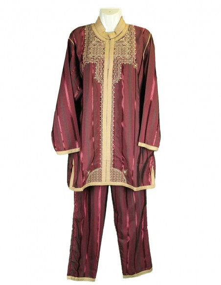 Jabador marocain bordeaux rayé à broderie dorée