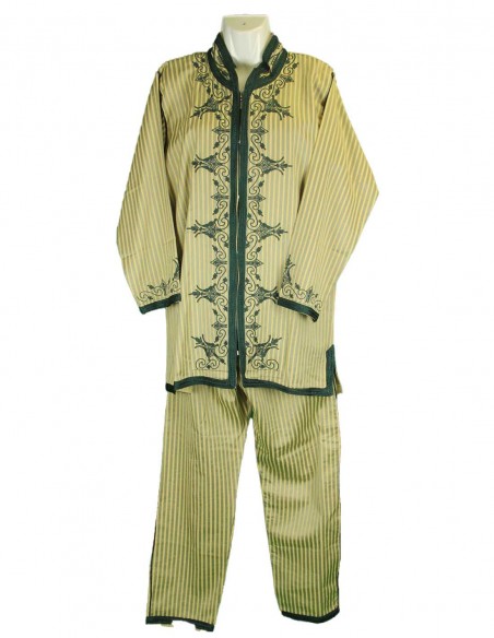 Jabador marocain beige rayé à broderie verte