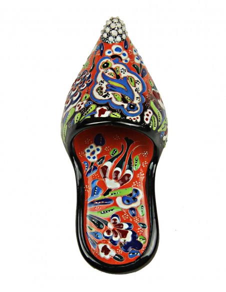 Decorative ceramic slipper with flowers, red with navy tip