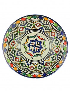 Moroccan Fez plate with central blue cross, 7.75 in
