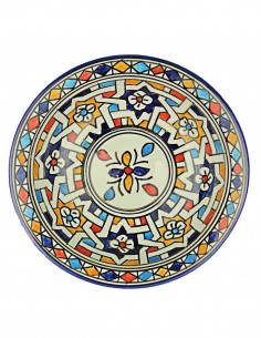 Moroccan Fez plate with red and blue central flower, 7.75 in