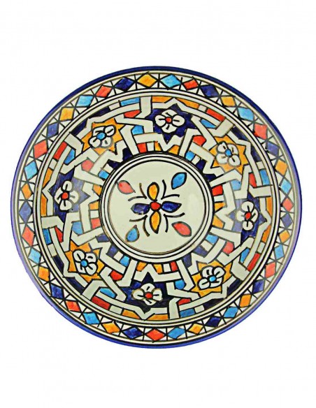 Assiette marocaine de Fès à fleur centrale rouge et bleue, 7,75 po