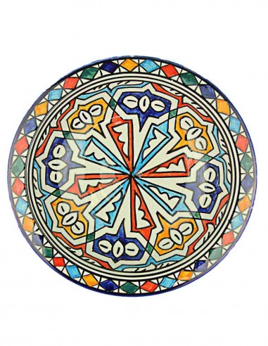 Moroccan Fez plate with red and blue rays, 7.75 in
