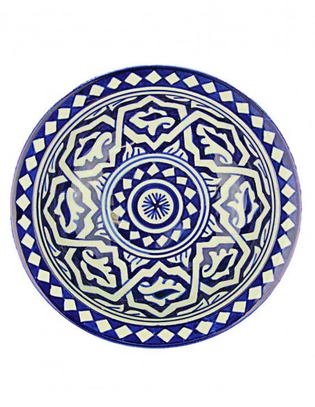 Moroccan Fez plate in blue and white with arabesques, 7.75 in