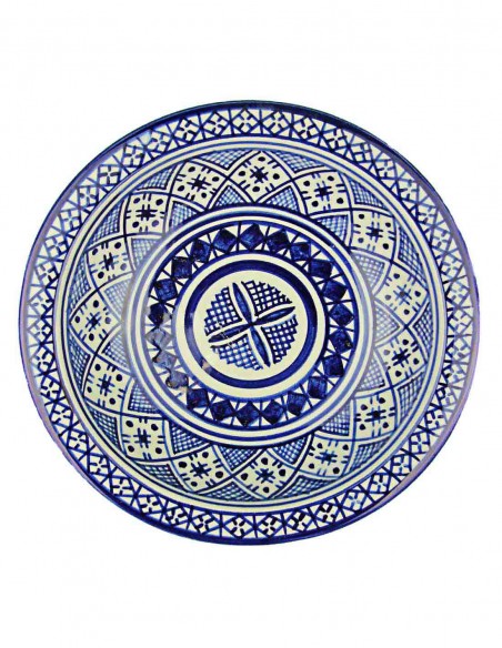 Moroccan Fez plate in blue and white with checkered central circle, 7.75 in