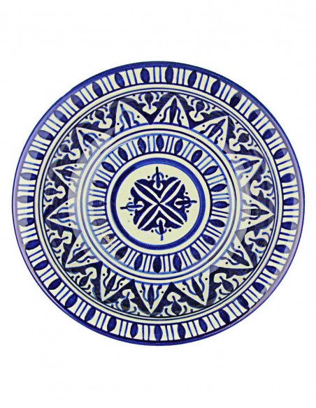 Moroccan Fez plate in blue and white with central sun, 7.75 in