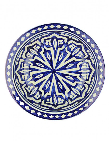 Moroccan Fez plate in blue and white with star rays, 7.75 in
