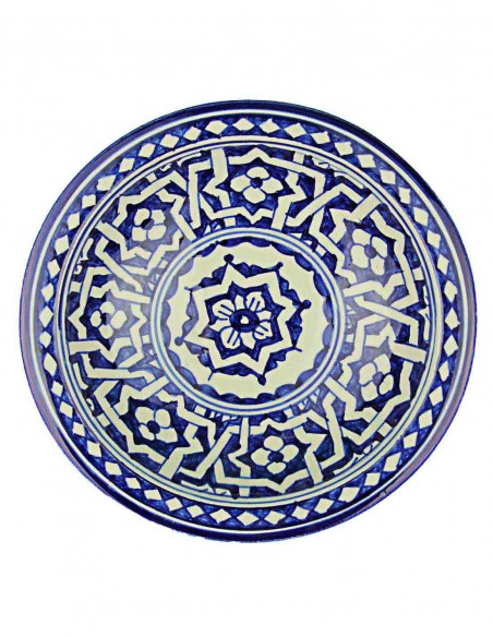 Assiette marocaine de Fès bleue et blanche à rosace centrale, 7,75 po
