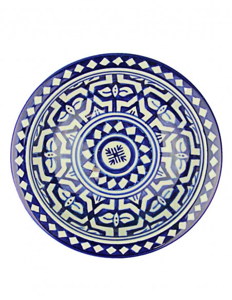 Assiette marocaine de Fès bleue et blanche à croix centrale, 7,75 po