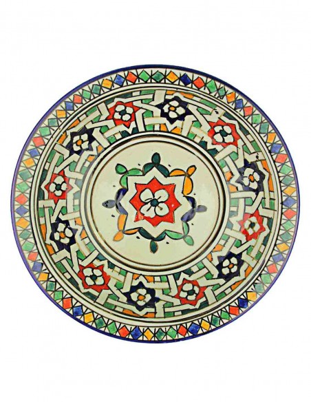 Moroccan Fez plate with red and green flowers on cream, 9.5 in