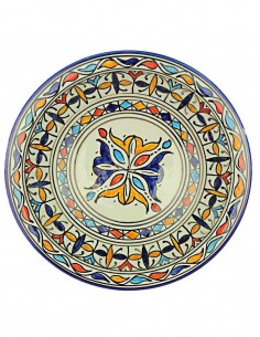 Moroccan Fez plate with blue and orange central flower,...