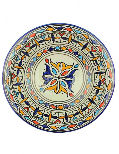Moroccan Fez plate with blue and orange central flower, 9.5 in