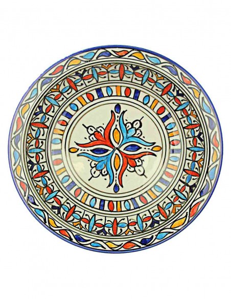 Assiette marocaine de Fès à fleur rouge et bleue en croix, 9,5 po