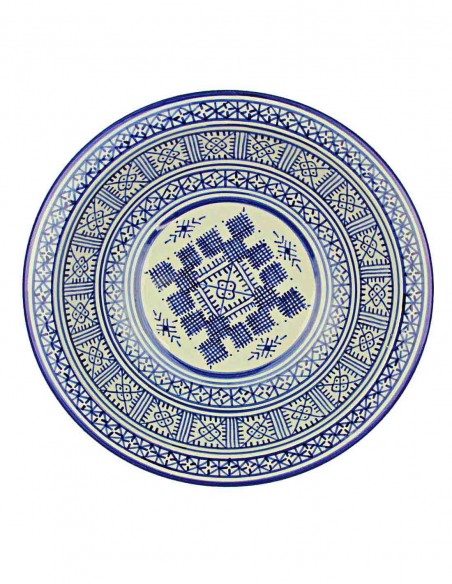 Assiette marocaine de Fès bleue et blanche à motif berbère central, 10,75 po