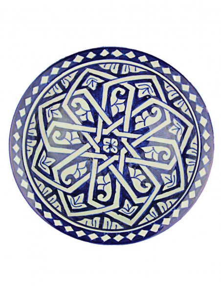 Moroccan Fez plate in blue and white with large interlaced star, 7.75 in