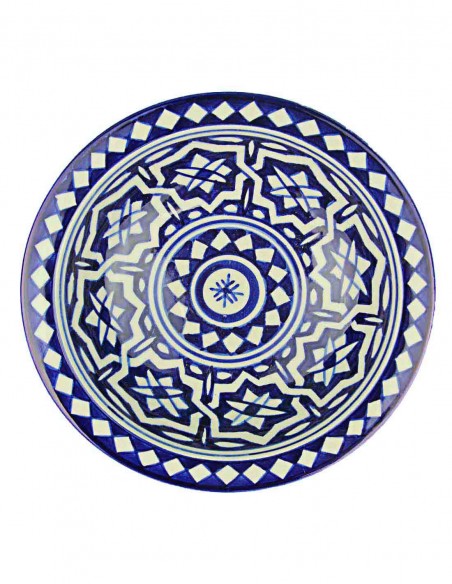 Assiette marocaine de Fès bleue et blanche à bordure à losanges, 7,75 po
