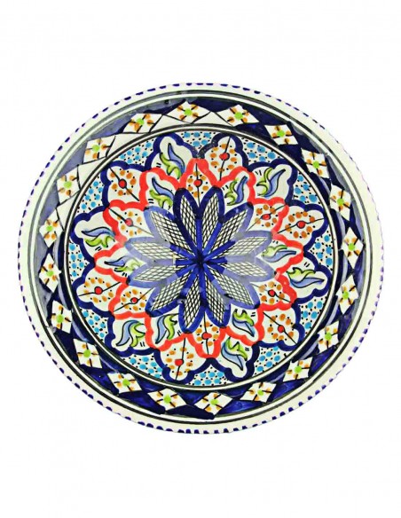 Tunisian plate in navy with blue and red flower, 9.25 in