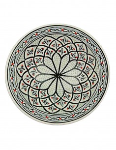 Tunisian plate in white with black flower, 9.25 in