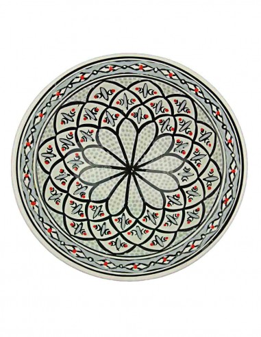 Tunisian plate in white with black flower, 9.25 in